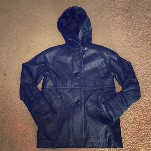 Child Hooded Navy Leather Coat